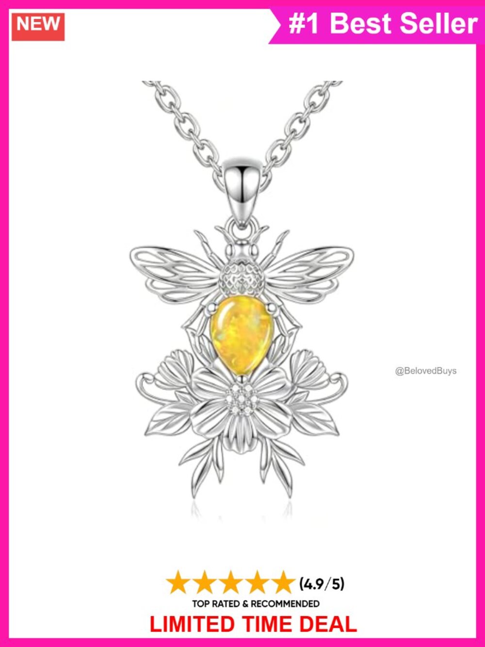 Sterling Silver Bee Flower Necklace Opal Lab Grown Diamond Pendant Adjustable